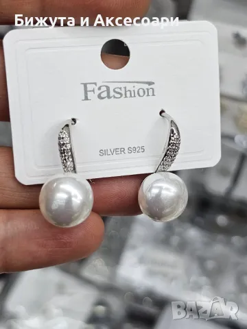 Обеци родий с перли и с кристали - 28425-19, снимка 1