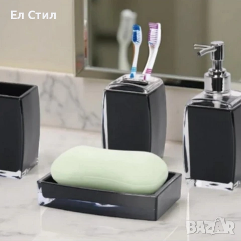 Комплект аксесоари за баня Cheffinger – 4 части, дозатор за сапун, чаша за четки и сапунерка, снимка 5 - Други стоки за дома - 53573346