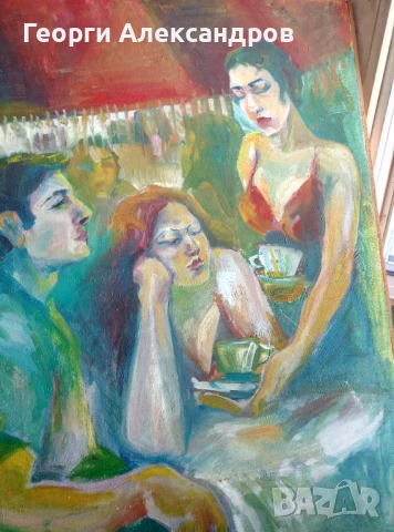 На КАФЕ - Стара МАСЛЕНА КАРТИНА 80/60см. Импресия Масло в/у Платно, снимка 3 - Картини - 46559062