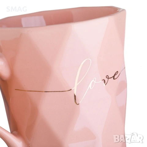 Чаша "New Bone" – Розова с релефни триъгълници и надпис "Love", 360 мл_1245245, снимка 3 - Чаши - 53415928
