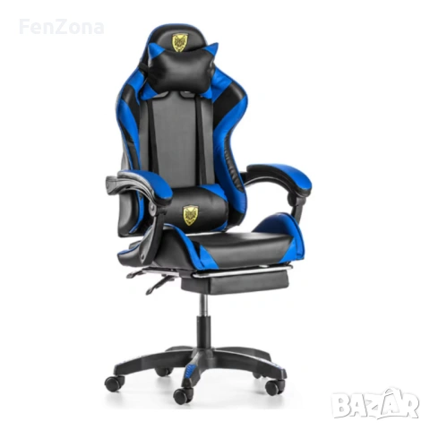 Геймърски стол с поставка за крака - подходящ за деца и тинейджъри- черно-син, въртящ, с масажна фун, снимка 12 - Столове - 54096569