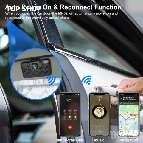 1Mii Bluetooth 5.3 хендсфри/високоговорител за кола/гласово/Android/iOS,щипка за сенник, снимка 5 - Аксесоари и консумативи - 49308515