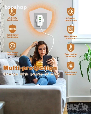 4 порта 75 W стенно бързо зарядно устройство, снимка 4 - Друга електроника - 50569499