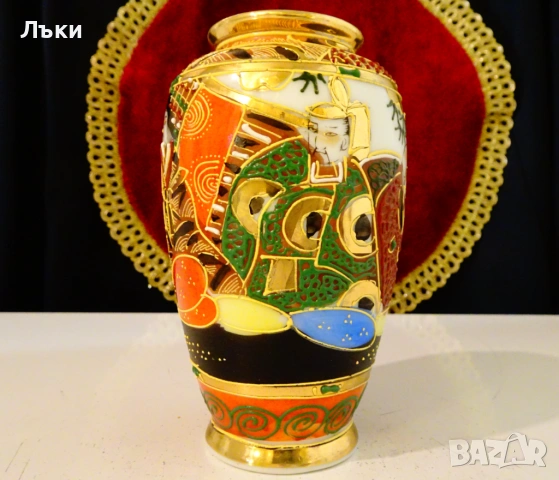 Порцеланова ваза Satsuma,злато,емайли,печат. , снимка 3 - Вази - 54081875