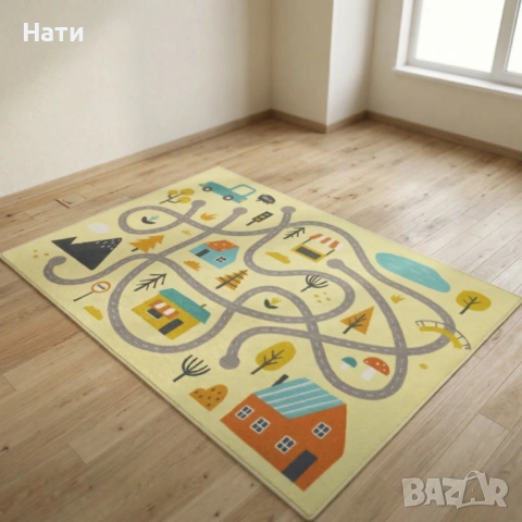 Детски килим за игра 120х160см - Светложълт килим с цветни къщички, противоплъзгащ и миещ се