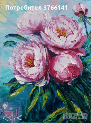 "Божури" Картина 50х40см, Маслена живопис с шпакла