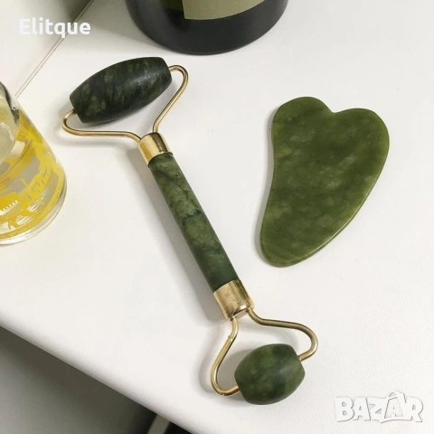 Нефритен масажор за лице с 2 ролки + плосък нефритен камък 