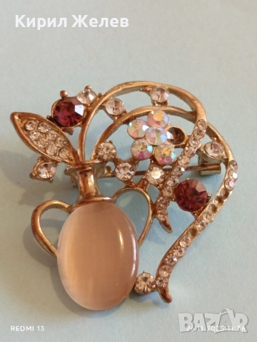Винтидж брошка с флорален мотив украсен с кристали имитация на лунен камък 30638, снимка 7 - Други - 52546468