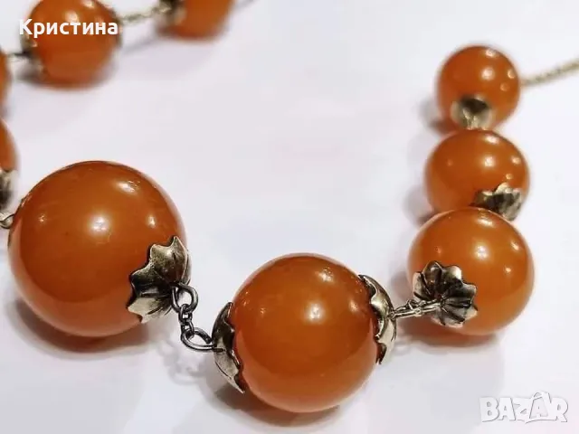 Руско (СССР) сребърно колие с Кехлибар , снимка 3 - Колиета, медальони, синджири - 49968602