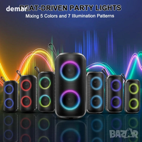 Hupoaf Bluetooth високоговорител, 3D-стерео бас, цветни RGB светлини, IPX7, снимка 6 - Bluetooth тонколони - 54217113