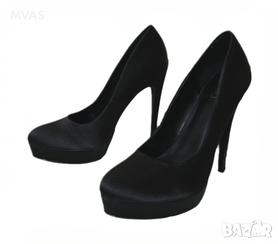 Нови дамски черни сатенени обувки на висок ток 38 размер, снимка 3 - Дамски обувки на ток - 53184001