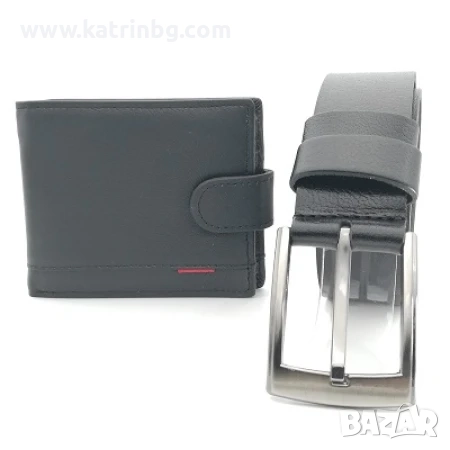 Мъжки портфейл и колан естествена кожа в черно- подаръчен комплект
