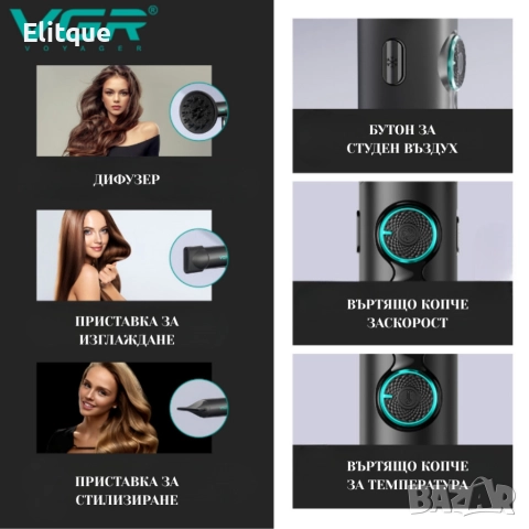 Професионален сешоар VGR с BLDC мотор 110 000 RPM – Йонна технология и дифузер, снимка 4 - Сешоари - 52739386