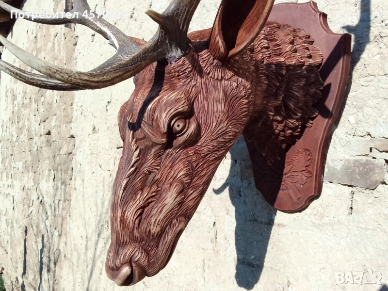 Ловен трофей от благороден елен, Поставка за еленски рога, Дърворезба за механа, Подарък за ловец  , снимка 1