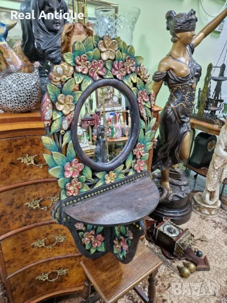 Уникално много старо английско антикварно дървено огледало , снимка 1