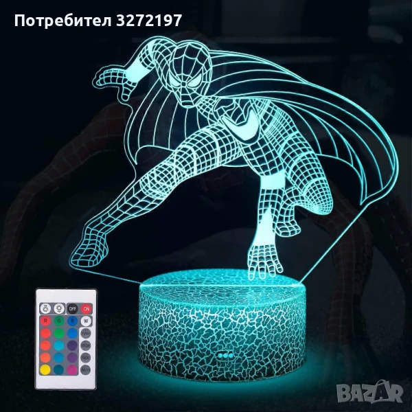 Холограмна 3D LED лампа Spider Man-дистанционно управление 16 цвята+други режими на управление, снимка 1