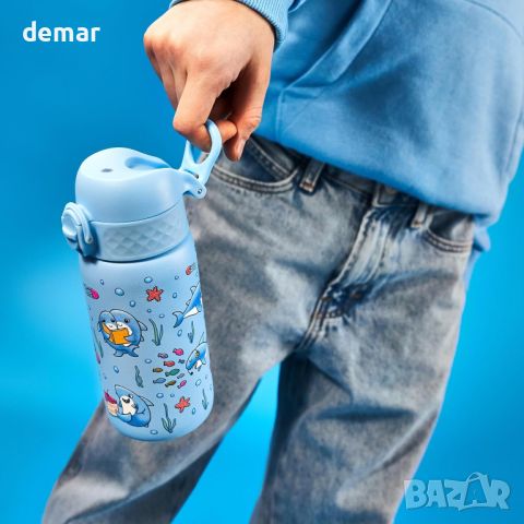 Детска бутилка за вода Ion8, стомана 400 мл, устойчива на течове, дизайн на акули, синьо, снимка 5 - Други - 45623139