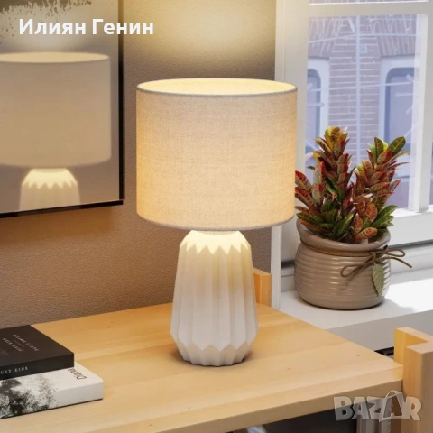 Настолна лампа HOMCOM, нощна лампа с ленен абажур, снимка 6 - Настолни лампи - 53627031