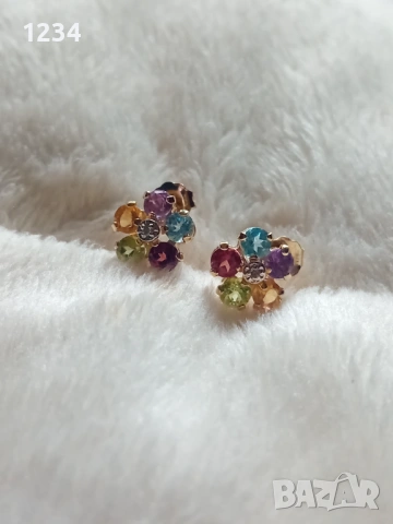  Златни обеци МEXICO  с диаманти и миксер от естествени камъни ръчна изработка