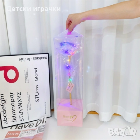 Вечна Роза в кутия със златно покритие 40см с LED светлини, снимка 6 - Други - 53091849