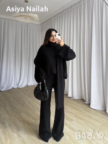 Елегантен черен комплект от 3 части – туника, панталон и шал, снимка 3 - Комплекти - 52795229