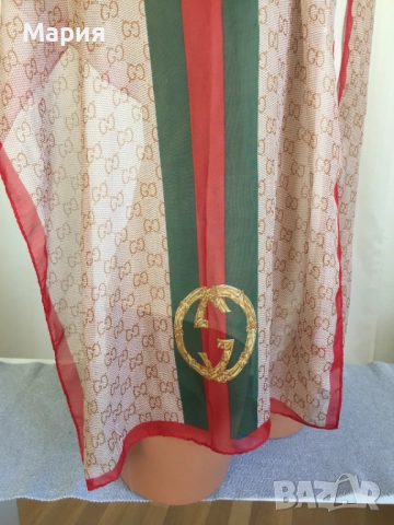 Нов Дамски Шал Gucci Прозрачен Лого Гучи Бежов Червен Зелен, снимка 9 - Шалове - 51826454