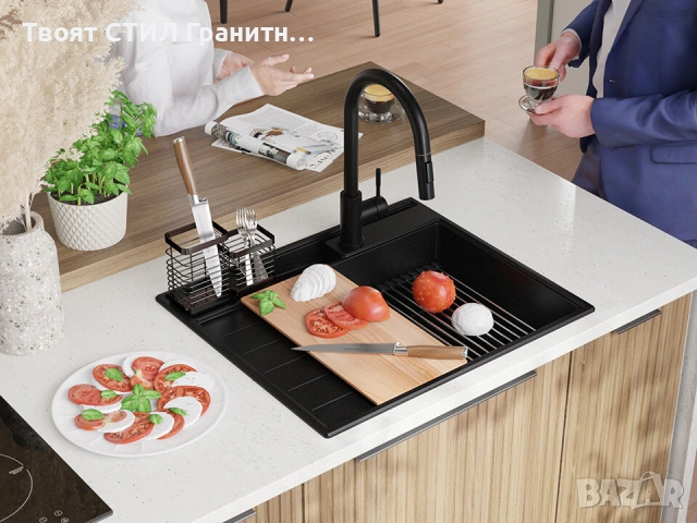 Черна гранитна кухненска мивка Сидни 620-45 Pocket Ergo Multilevel, снимка 10 - Мивки - 53813012