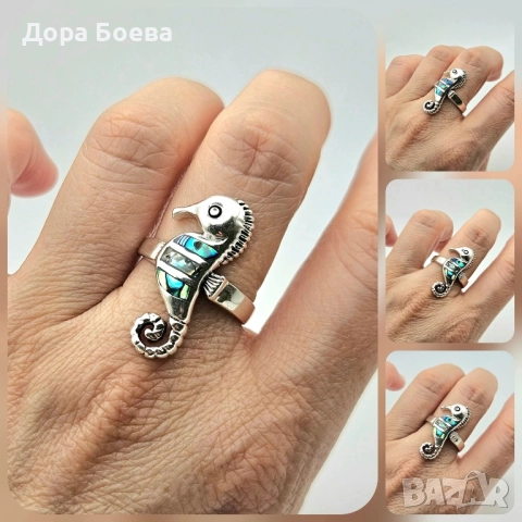 Сребърен пръстен: "Морско конче", снимка 4 - Пръстени - 52381535