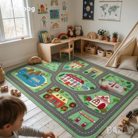 Детски килим "Моят Град" 120х160см – Зелен с Училище, Парк и Пътища, Противоплъзгащ и Миещ се, снимка 3 - Други - 53881689