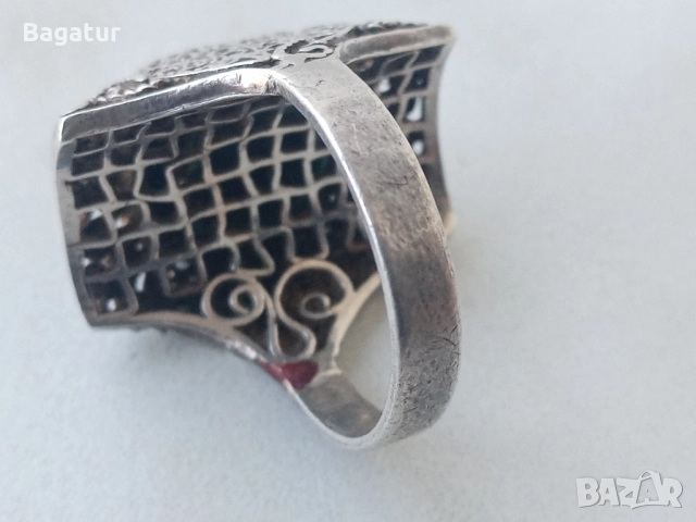 Пръстен с котешко око,сребро,филигран ажур, снимка 5 - Антикварни и старинни предмети - 52526340