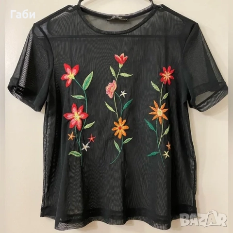 Мрежеста дамска тениска Zara с бродирани цветя - безплатна доставка, снимка 2 - Тениски - 52618393