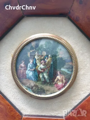 4бр малки кръгли картини/барокови миниатюри/картина в октагонална дървена рамка с интарзия 18см, снимка 5 - Картини - 50318736