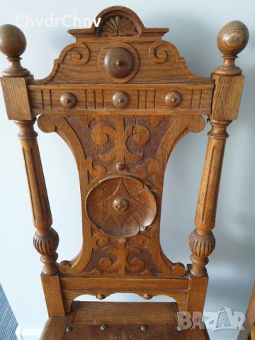 115см дърворезба/2бр чифт стари ретро дървени столове с релефни седалки, снимка 5 - Столове - 50727413