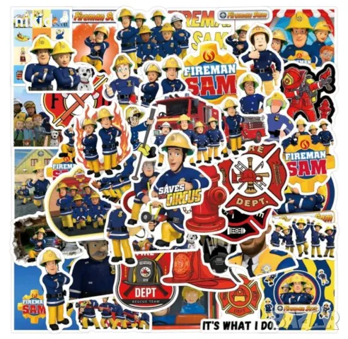 55 бр Пожарникарят Сам Fireman Sam самозалепващи лепенки стикери за украса декор картонена торта др