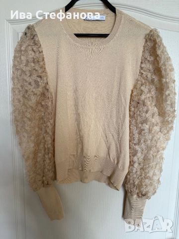 Нова бежова телесна nude елегантна блуза zara Zara Зара 5Д 3D цветя , снимка 5 - Блузи с дълъг ръкав и пуловери - 52483531