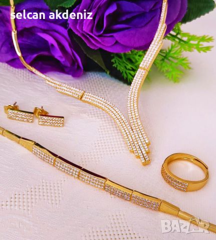 сватбен комплект със златно покритие от циркон, снимка 3 - Сватбени аксесоари - 45561008