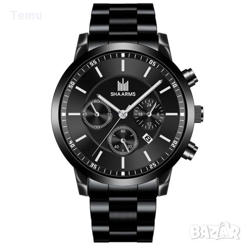 Мъжки елегантен водоустойчив часовник BASID / Цвят – черен със сребристи елементи; Подарък: гривна; , снимка 1 - Мъжки - 45688319
