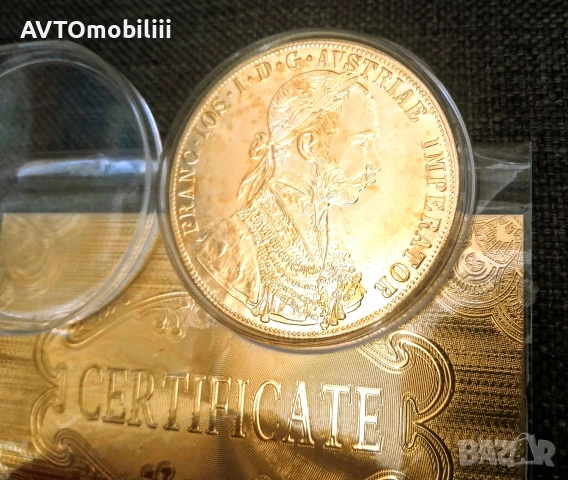 Позлатена с 24 карата злато голяма монета 4 Дуката 1915 г със сертификат , снимка 5 - Нумизматика и бонистика - 53796504