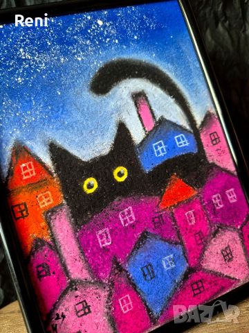 Сам в града, черна котка, картина оригинал, снимка 2 - Картини - 46024261
