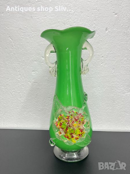 Винтидж зелена стъклена ваза. №5395, снимка 1