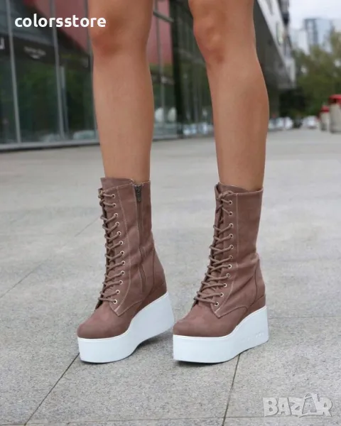 Боти на платформа - кафяв велур с бяло ходило - VP1, снимка 1