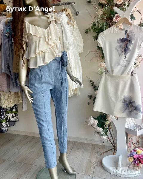 АVIN Панталон в нежно син цвят от лен с колан роза, снимка 1