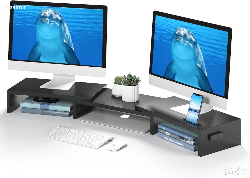 Стойка за 2 монитора BONTEC – регулируема, дървена, с място за съхранение, снимка 1