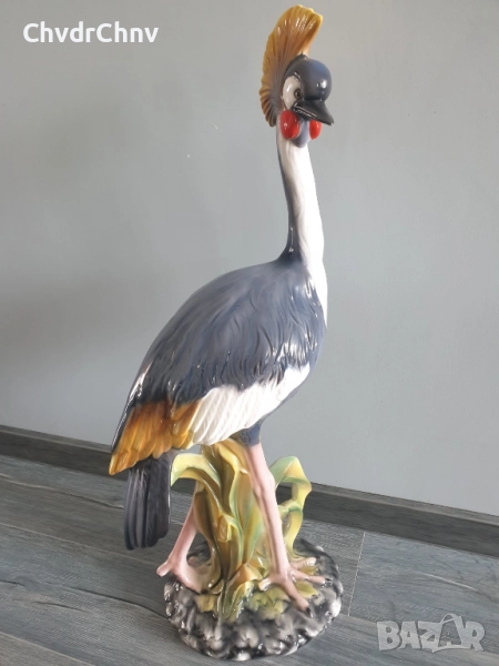 Сив кралски жерав статуетка 83см-5кг/голяма италианска порцеланова фигура на птица, снимка 1