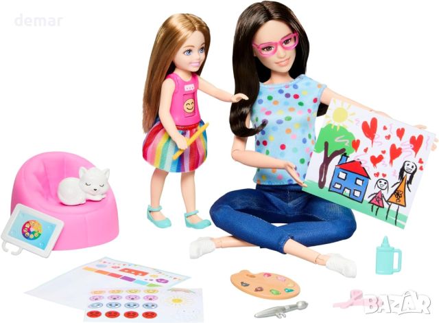 Комплект за игра Barbie Art Therapy с кукла терапевт, малка кукла с  емоджи тениска и аксесоари, снимка 1 - Кукли - 45117595