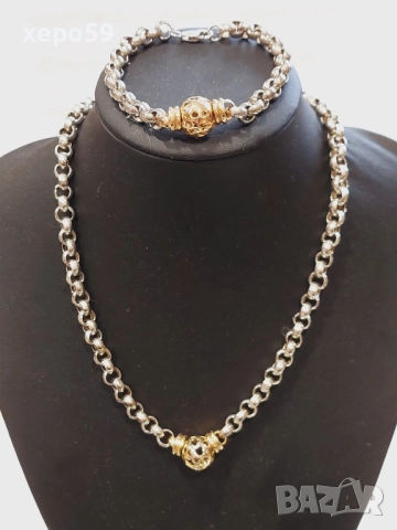 Прекрасна сребърна авторска дамска гривна и колие.Сребро проба 925,златни 9 каратови апликации, снимка 6 - Колиета, медальони, синджири - 52293101