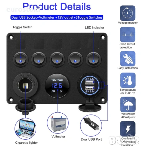 Панел за превключване с 5 бутона и волтметър, панел за вграждане с превключватели за кола, лодка, ях, снимка 2 - Аксесоари и консумативи - 53937511