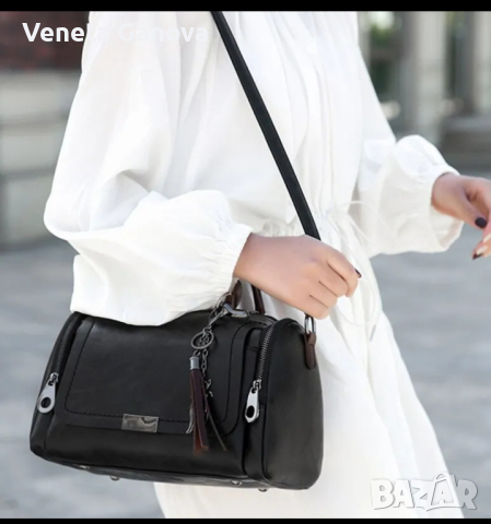 Черна дамска чанта от екокожа с къса и дълга дръжка, снимка 5 - Чанти - 45068372