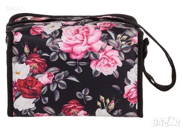 Изотермална чанта правоъгълна черна на цветя с цип 25x18x16см, снимка 4 - Хладилни чанти - 46392777