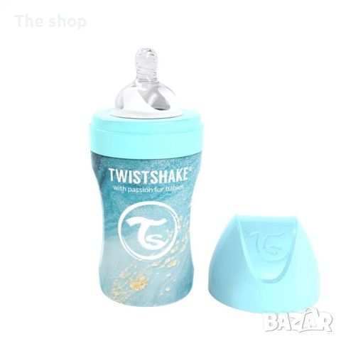 Бебешко шише Twistshake 260 мл от неръждаема стомана - Мраморно синьо (004), снимка 1 - Прибори, съдове, шишета и биберони - 46065076